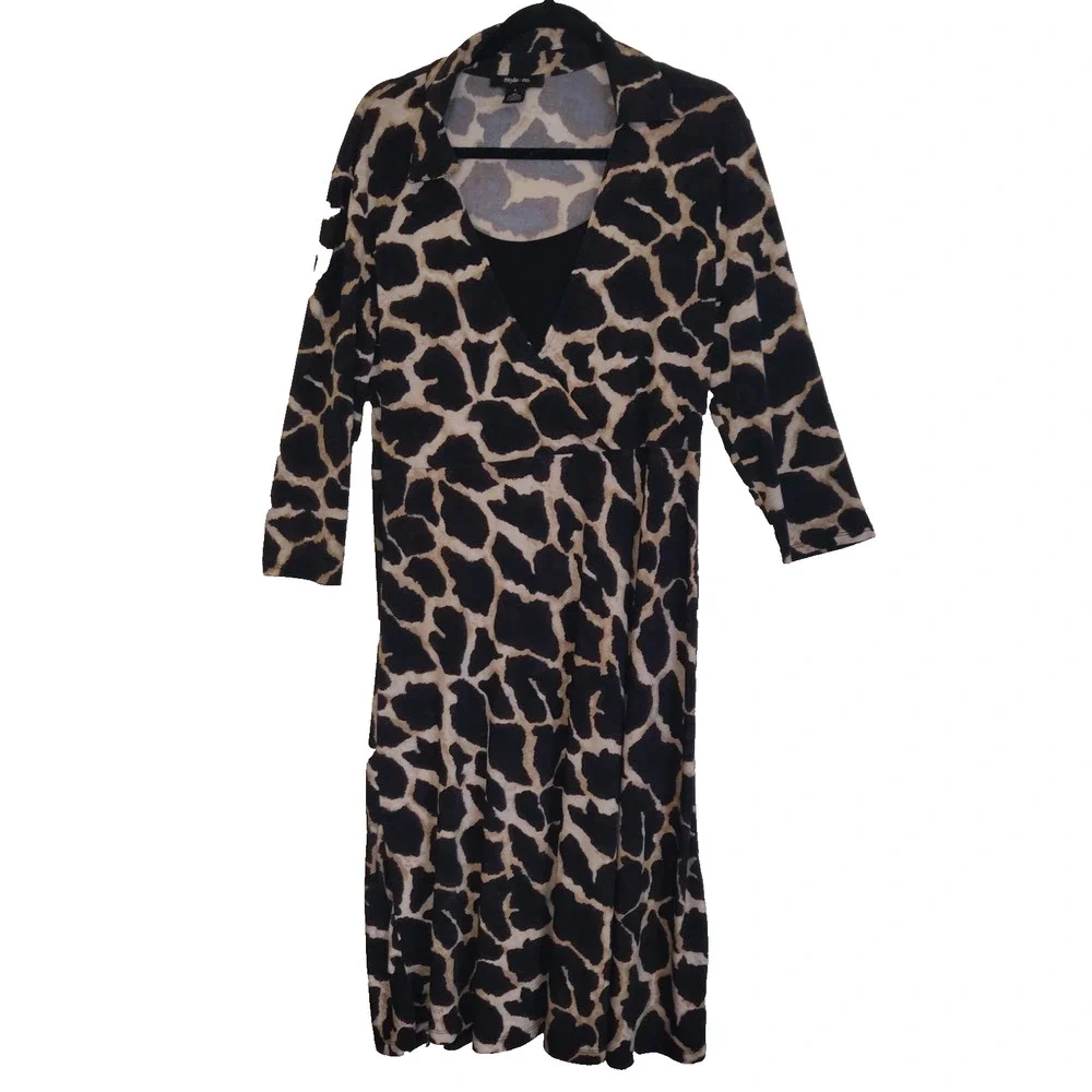 Style & Co Giraffe Print Dress Sz L Safari Pullover Stretchy Unlined Animal